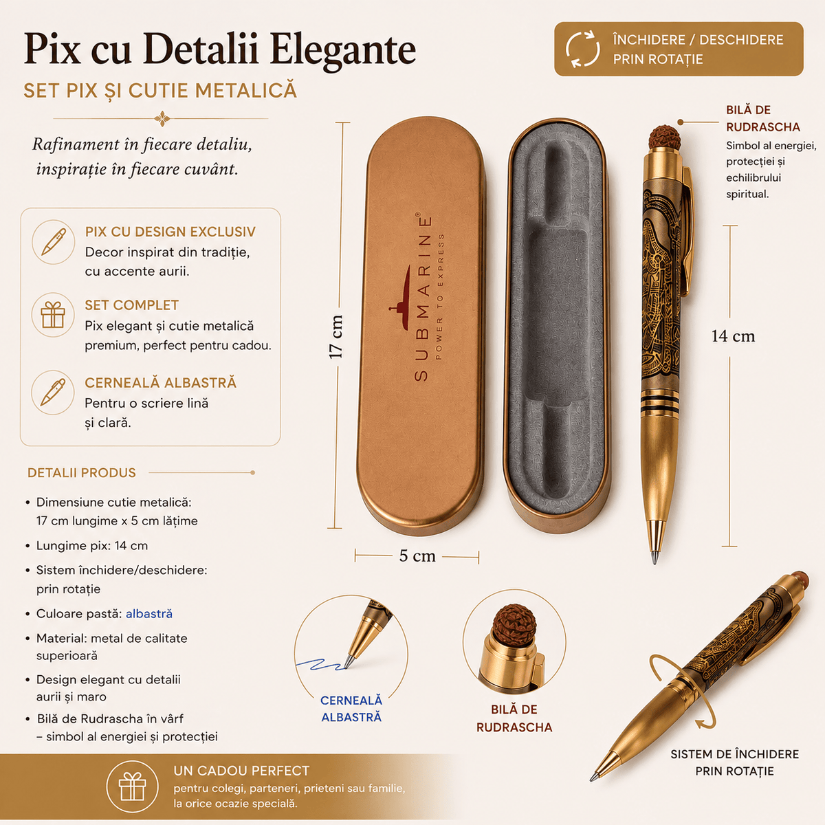 JurnaleVintage Pix Pix metalic cu Rudraksha și cutie metalică - design auriu