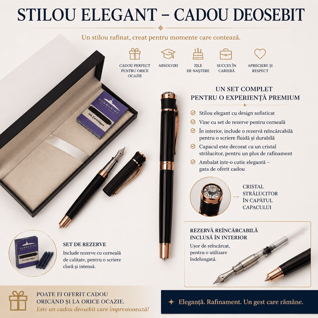 JurnaleVintage Set stilou Set stilou Submarine negru cu auriu - Un cadou care impresionează