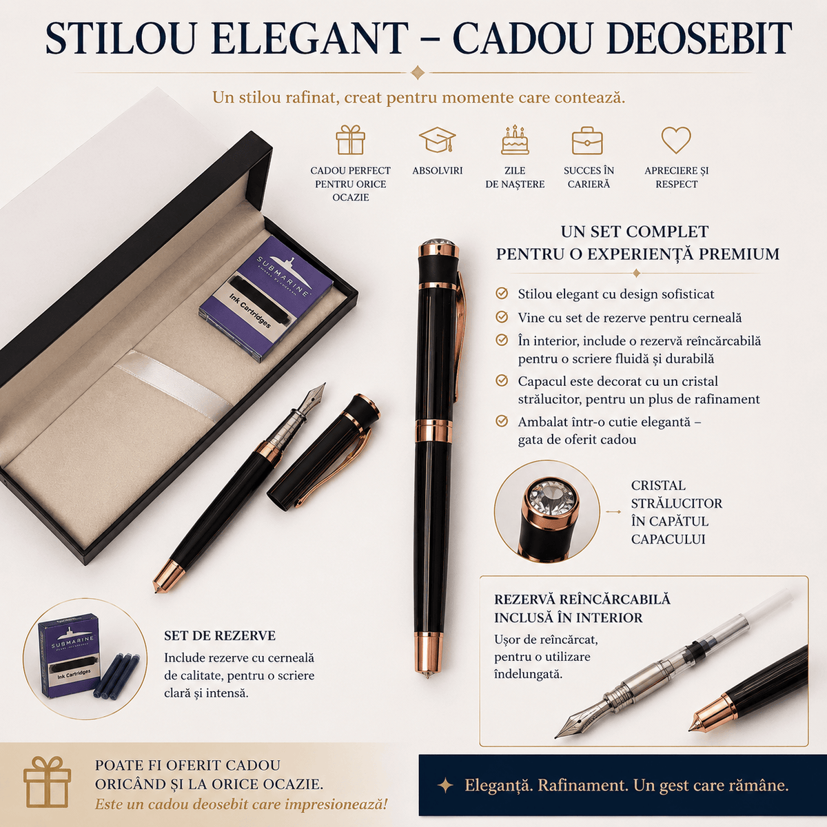 JurnaleVintage Set stilou Set stilou Submarine negru cu auriu - Un cadou care impresionează