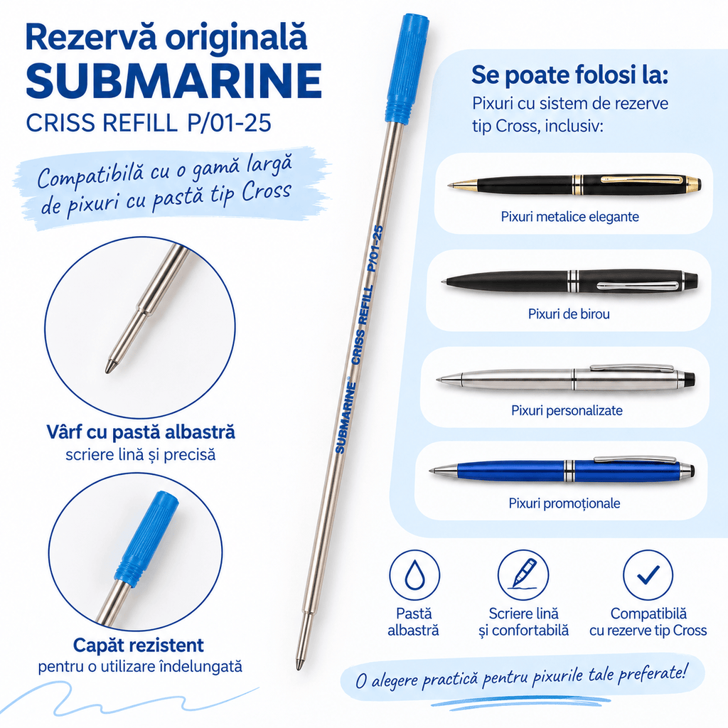 Submarine Rezervă pix Rezervă Pix Submarine CRISS P/01-25 cu Pastă Albastră