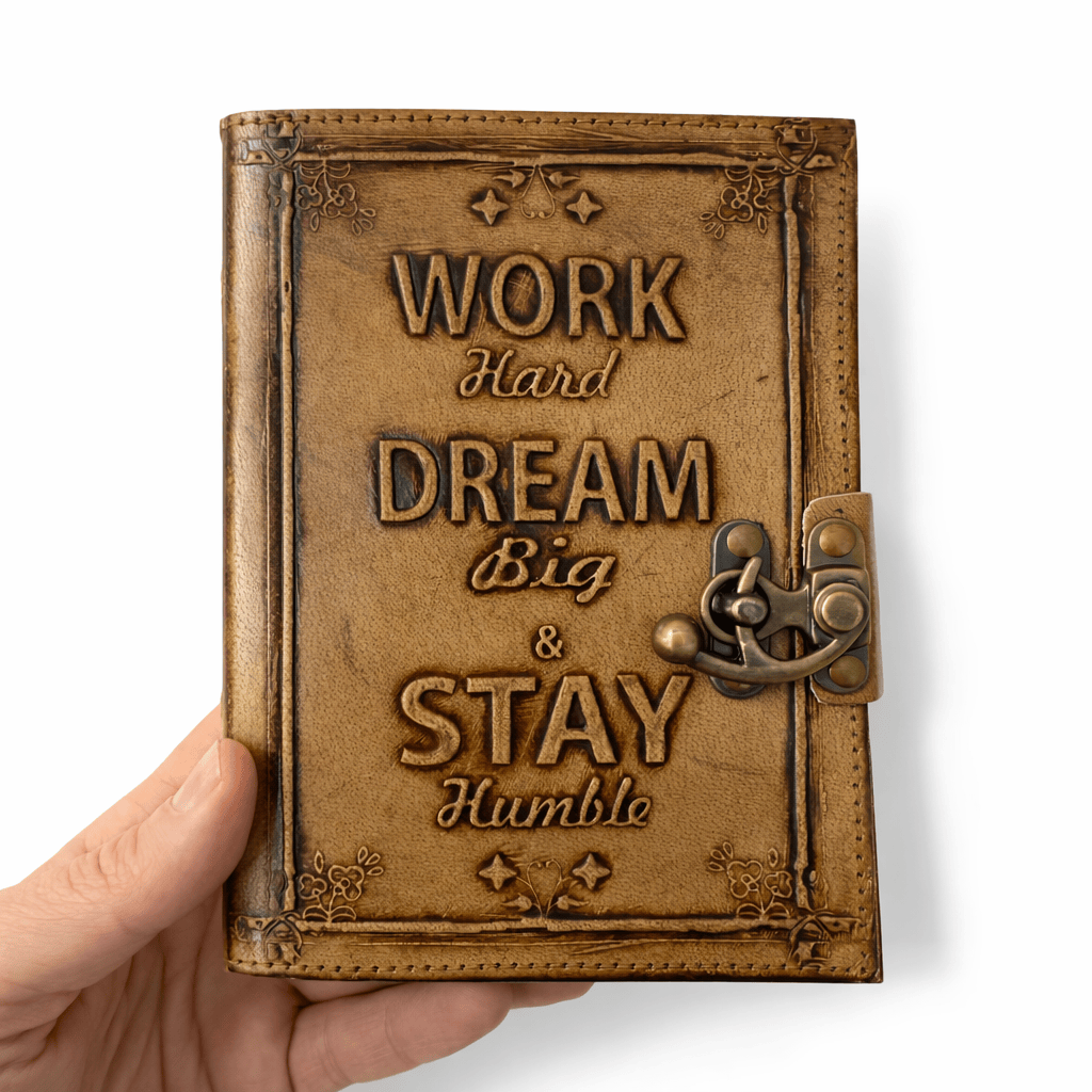 JurnaleVintage Jurnal 18x13 cm / Bumbac alb Jurnal Vintage din Piele - Work Hard Dream Big Stay Humble - 190-200 pagini cartonate