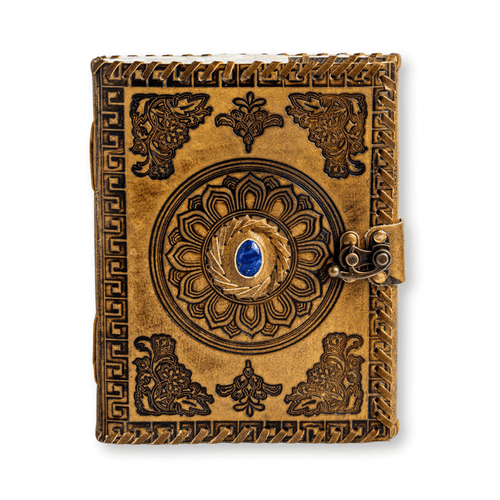 JurnaleVintage Jurnal 20x15 cm / Bumbac galben Jurnal din piele naturala autentic cu coperta gravata si piatra naturala Lapis Lazuli si hartie bumbac galbena