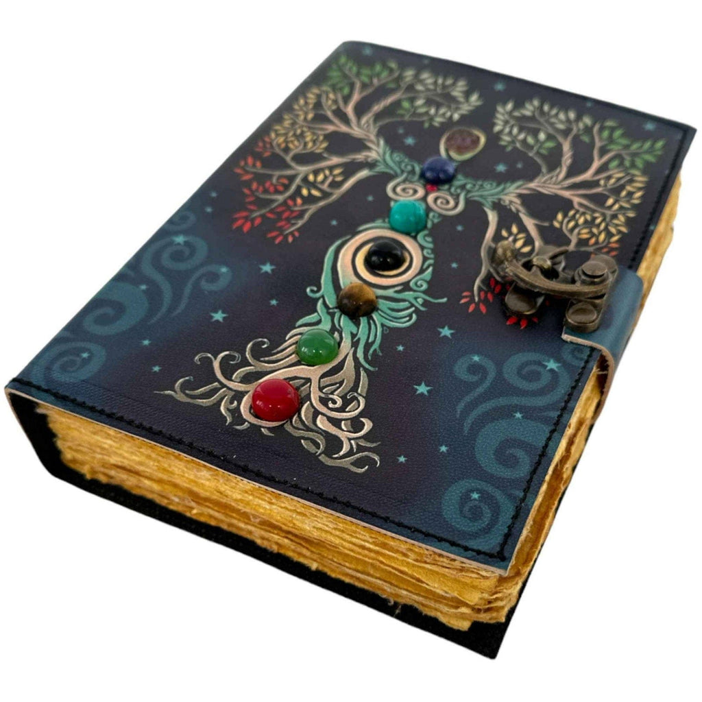 JurnaleVintage Jurnal 20x15 cm / Bumbac galben Jurnal Book of Shadow cu 7 pietre chakre 20x15 cm - piele handmade cu lacat
