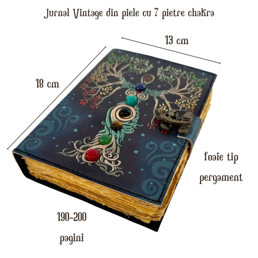 JurnaleVintage Jurnal 20x15 cm / Bumbac galben Jurnal Book of Shadow cu 7 pietre chakre 20x15 cm - piele handmade cu lacat