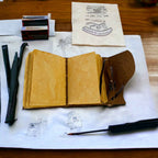 JurnaleVintage Jurnal 18x13 cm / Bumbac galben Jurnal vintage cu Busolă - piele, hârtie cu margine neregulată, schițe și desene