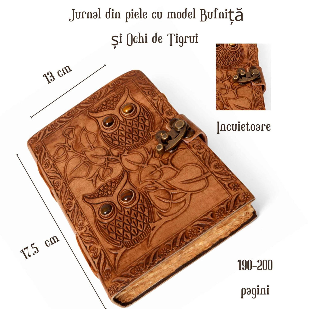 Coperta close-up — textura piele si gravura jurnal vintage