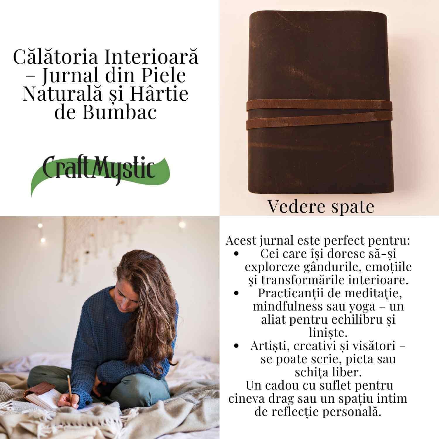Coperta close-up — textura piele si gravura jurnal vintage