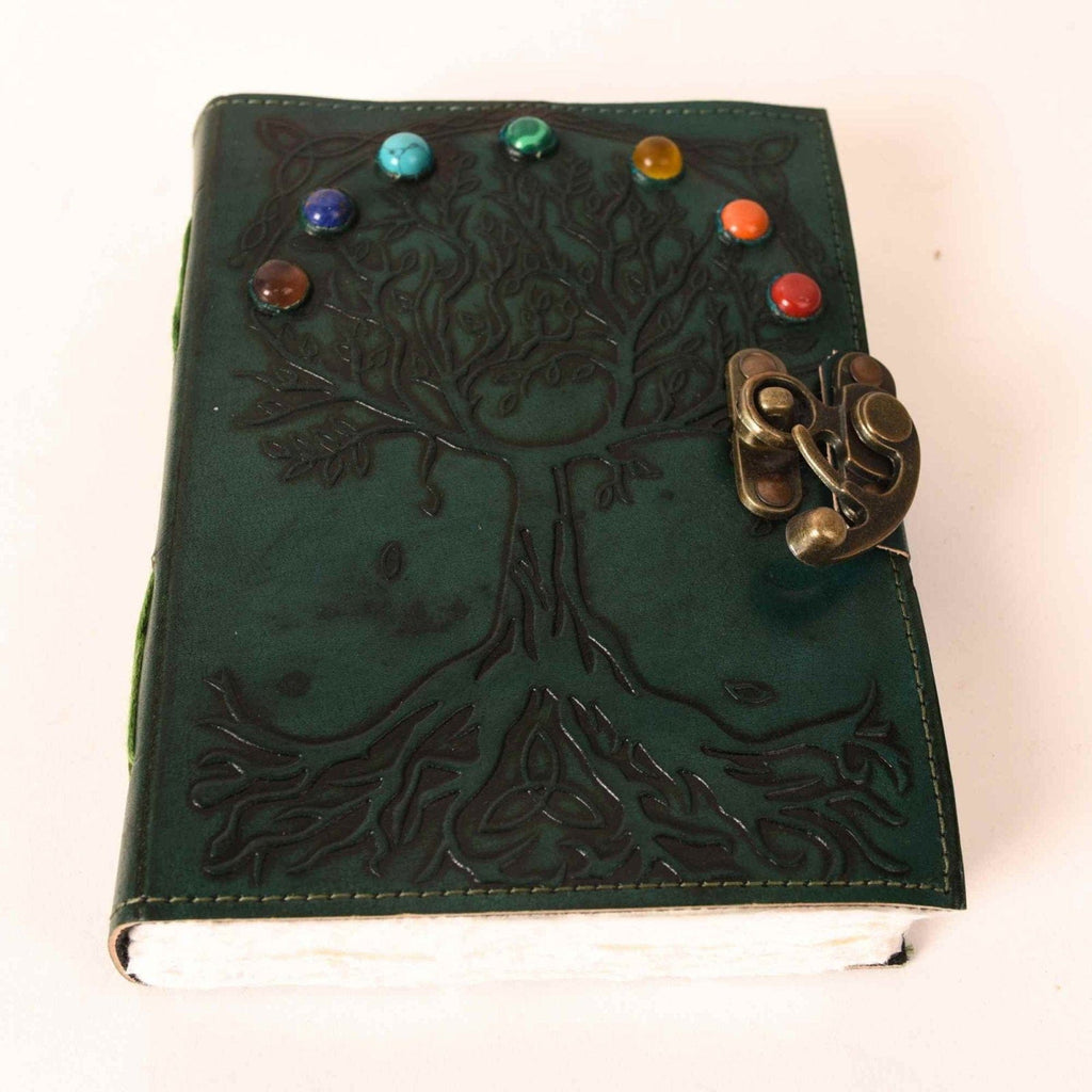 JurnaleVintage Jurnal Jurnal Vintage din Piele Naturala cu Arborele Chakrelor si 7 Pietre - hartie de bumbac 18x13 cm