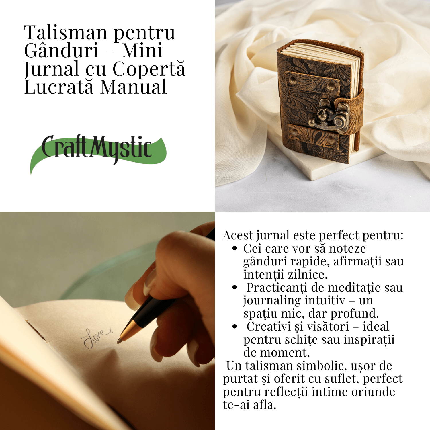 JurnaleVintage Mini jurnal 10x7 cm / Bumbac alb Talisman pentru Ganduri - Mini Jurnal cu Coperta din Piele