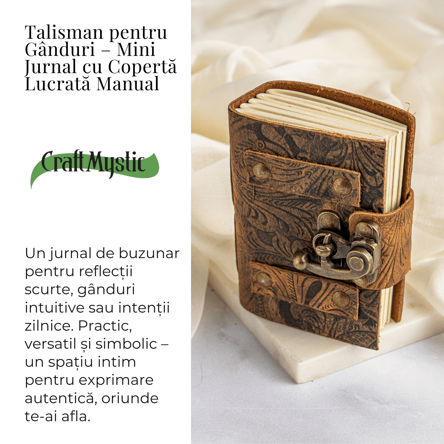 JurnaleVintage Mini jurnal 10x7 cm / Bumbac alb Talisman pentru Ganduri - Mini Jurnal cu Coperta din Piele