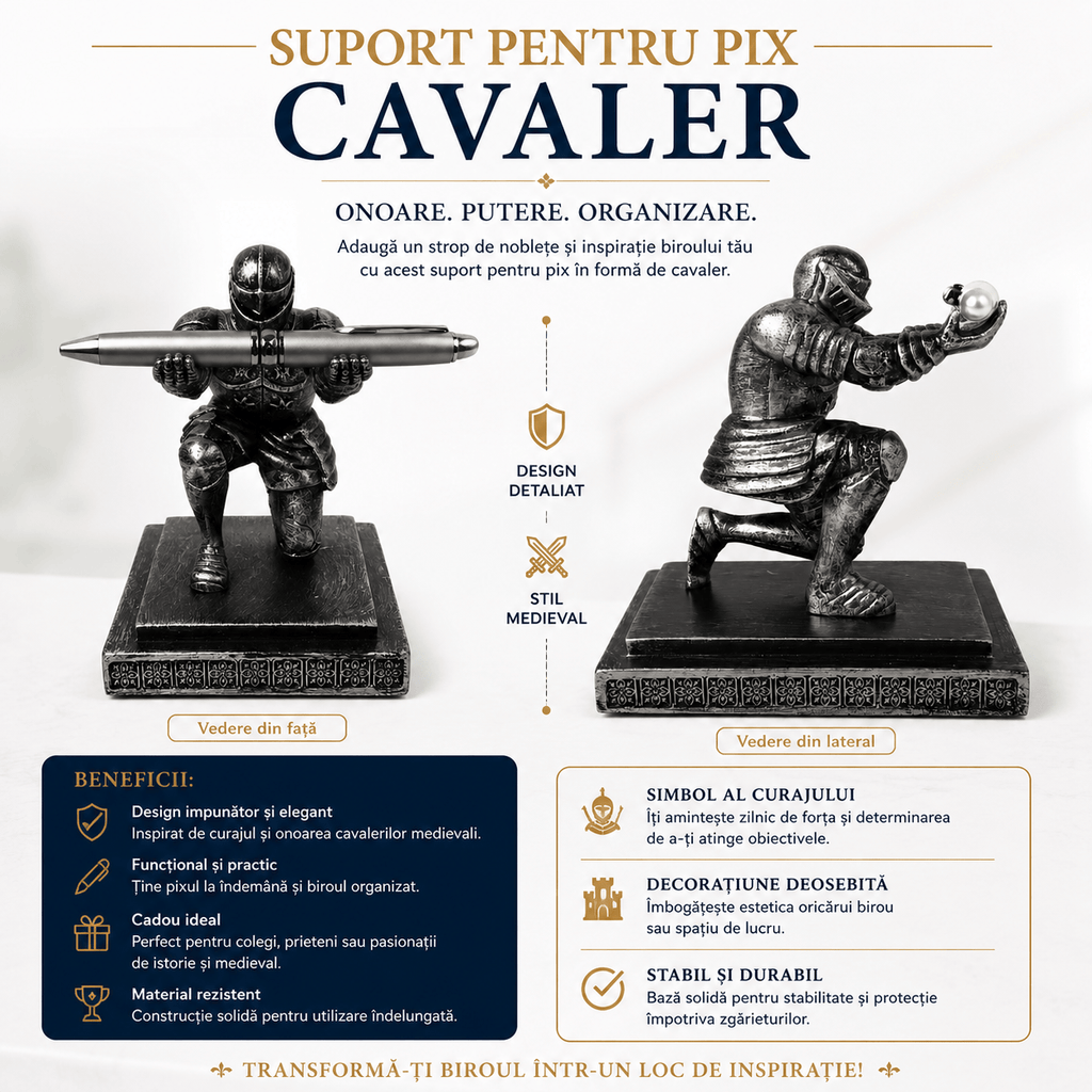 CraftMystic Organizator birou Suport cu Pix / Stilou Cavaler Medieval din Rasina - Organizare Eleganta si Inspiratie pentru Birou