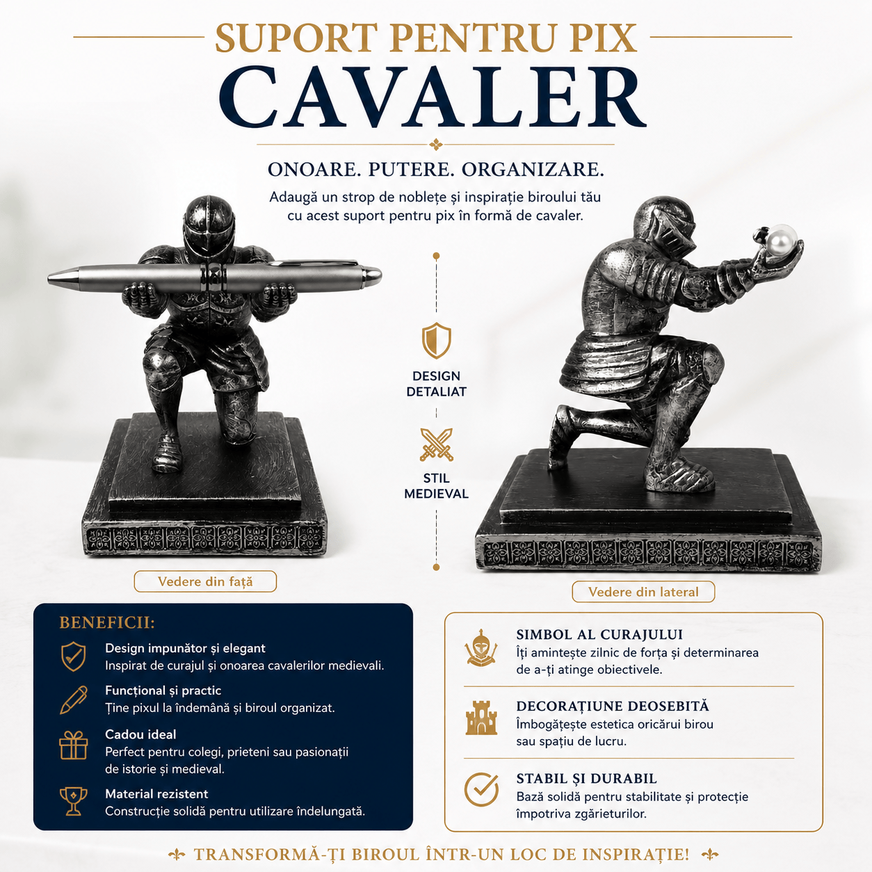 CraftMystic Organizator birou Suport cu Pix / Stilou Cavaler Medieval din Rasina - Organizare Eleganta si Inspiratie pentru Birou