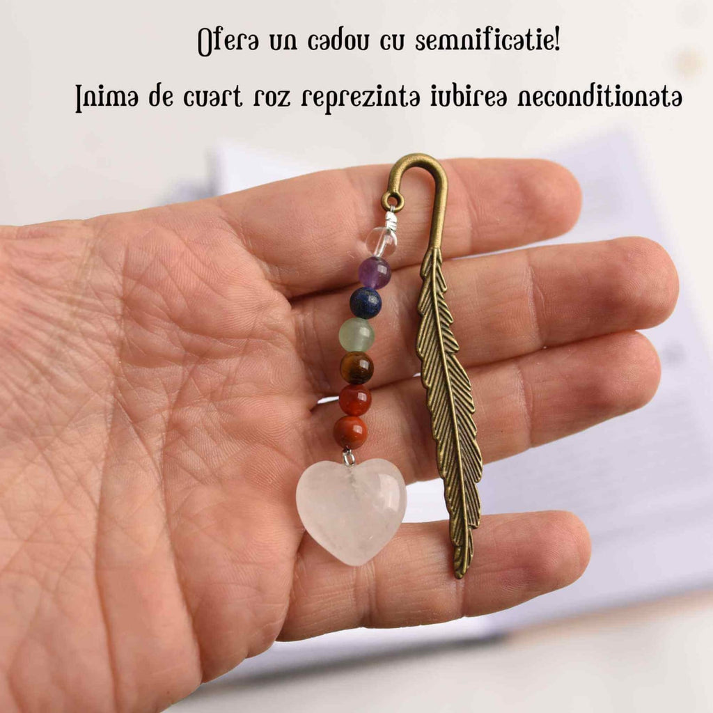 JurnaleVintage Semn de carte Semn de Carte cu 7 Chakre și Inimioară Cuart Roz - cadou spiritual