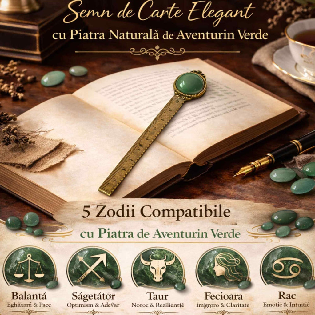 JurnaleVintage Semn de carte Semn de Carte Elegant cu Piatra Naturala de Aventurin Verde si Alama