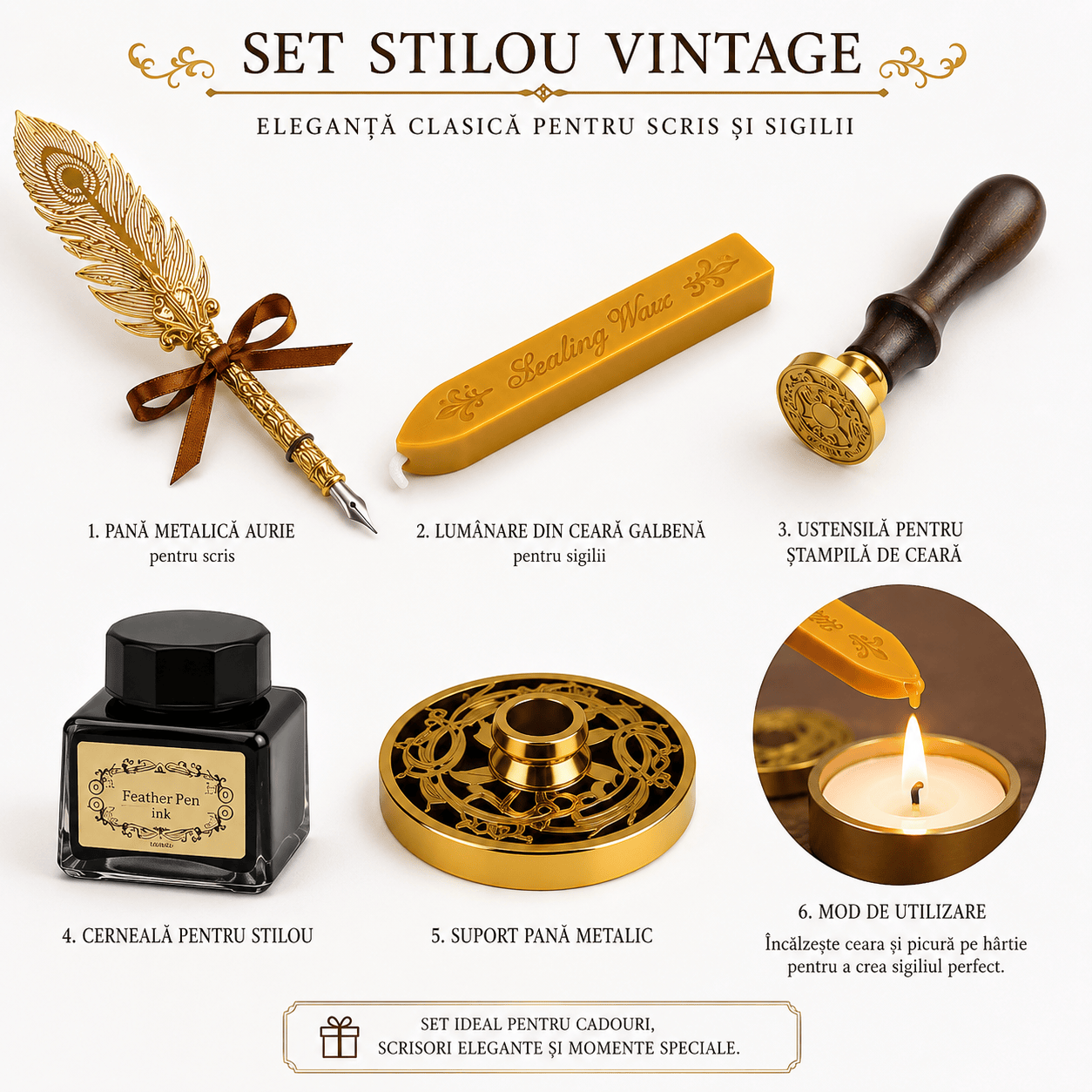 CraftMystic Set caligrafie Set Stilou Pana Aurie Metalica Vintage - Eleganta si Cadou Special pentru Caligrafie