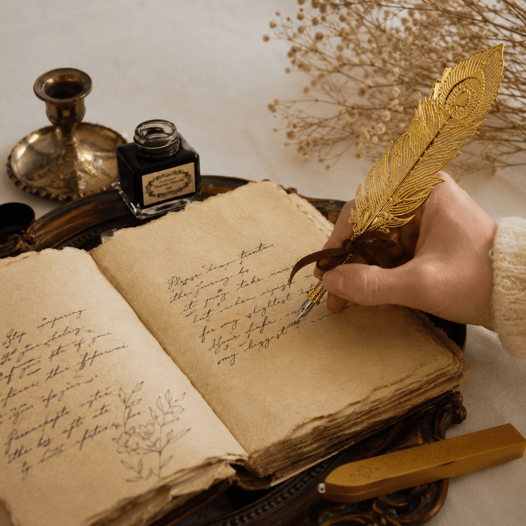 CraftMystic Set caligrafie Set Stilou Pana Aurie Metalica Vintage - Eleganta si Cadou Special pentru Caligrafie
