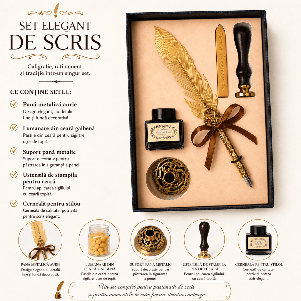 CraftMystic Set caligrafie Set Stilou Pana Aurie Metalica Vintage - Eleganta si Cadou Special pentru Caligrafie