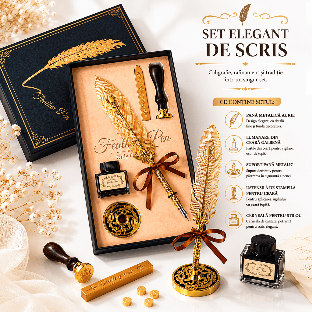 CraftMystic Set caligrafie Set Stilou Pana Aurie Metalica Vintage - Eleganta si Cadou Special pentru Caligrafie