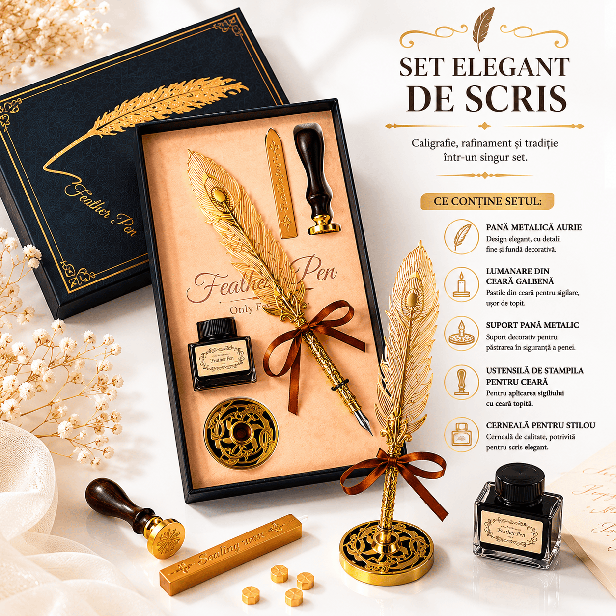 CraftMystic Set caligrafie Set Stilou Pana Aurie Metalica Vintage - Eleganta si Cadou Special pentru Caligrafie