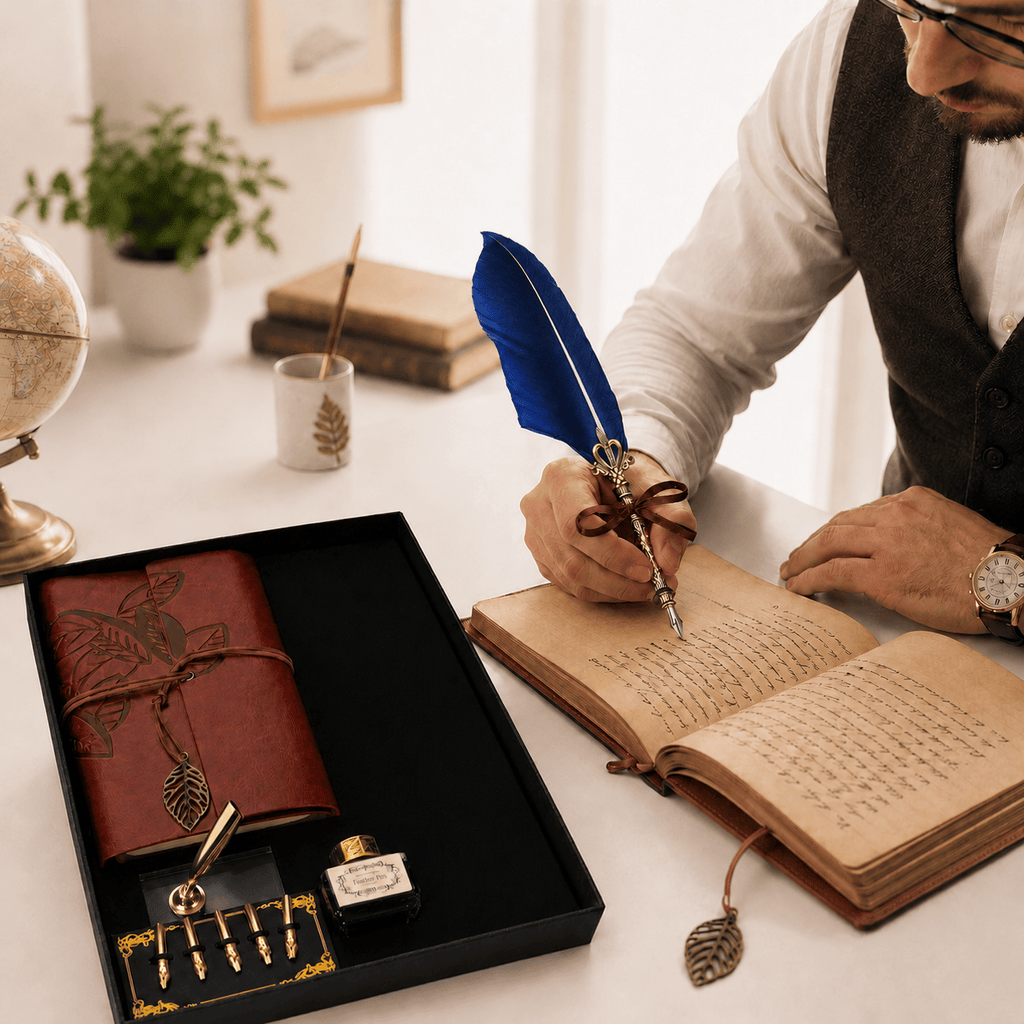 JurnaleVintage Set caligrafie Set Stilou cu Pana Mov si Jurnal Vintage - Inspiratie si Eleganta in Scris
