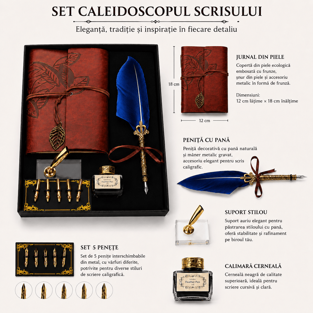JurnaleVintage Set caligrafie Set Stilou cu Pana Mov si Jurnal Vintage - Inspiratie si Eleganta in Scris