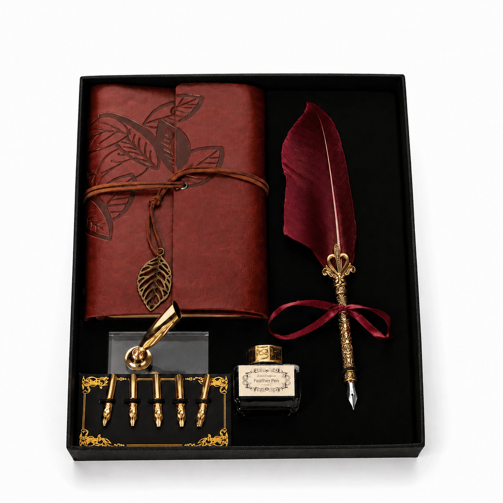 JurnaleVintage Set caligrafie Set Stilou cu Pana Visinie si Jurnal Vintage - Eleganta Clasica pentru Scris si Cadou Special