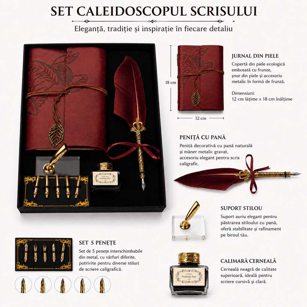 JurnaleVintage Set caligrafie Set Stilou cu Pana Visinie si Jurnal Vintage - Eleganta Clasica pentru Scris si Cadou Special