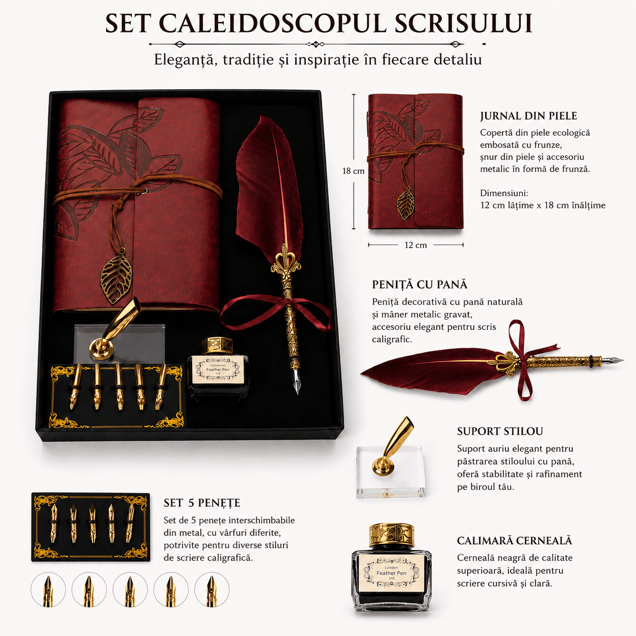JurnaleVintage Set caligrafie Set Stilou cu Pana Visinie si Jurnal Vintage - Eleganta Clasica pentru Scris si Cadou Special
