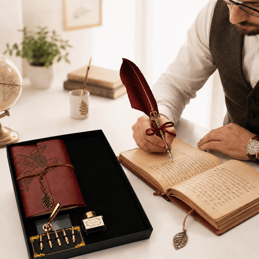 JurnaleVintage Set caligrafie Set Stilou cu Pana Visinie si Jurnal Vintage - Eleganta Clasica pentru Scris si Cadou Special