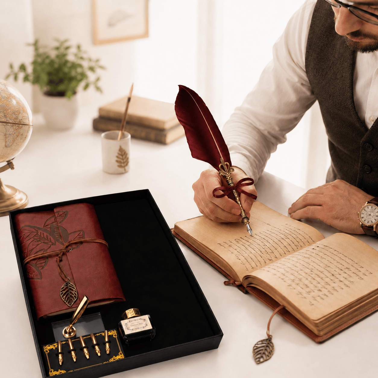 JurnaleVintage Set caligrafie Set Stilou cu Pana Visinie si Jurnal Vintage - Eleganta Clasica pentru Scris si Cadou Special