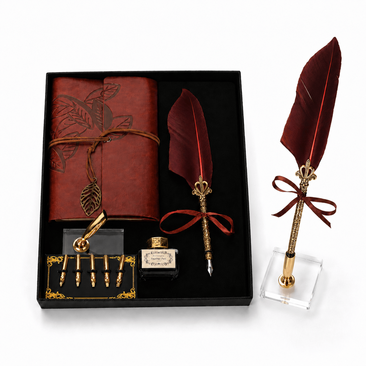 JurnaleVintage Set caligrafie Set Stilou cu Pana Visinie si Jurnal Vintage - Eleganta Clasica pentru Scris si Cadou Special