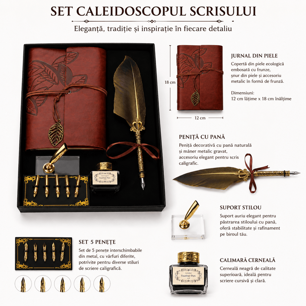 CraftMystic Set caligrafie Set Stilou cu Penita si Pana in Cutie Cadou - Eleganta Vintage si Inspiratie pentru Scris