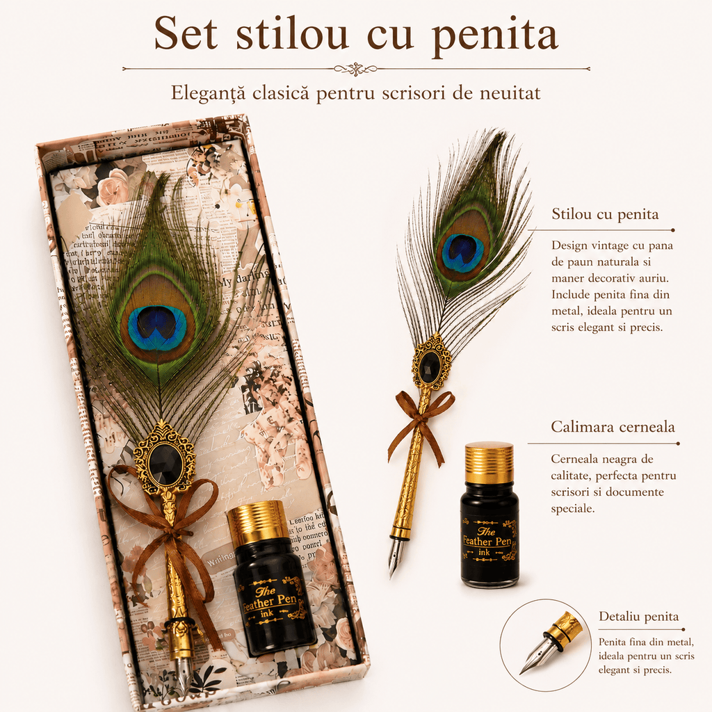 CraftMystic Set caligrafie Set Stilou cu Penita si Pana in Cutie Cadou - Eleganta Vintage si Inspiratie Creativa