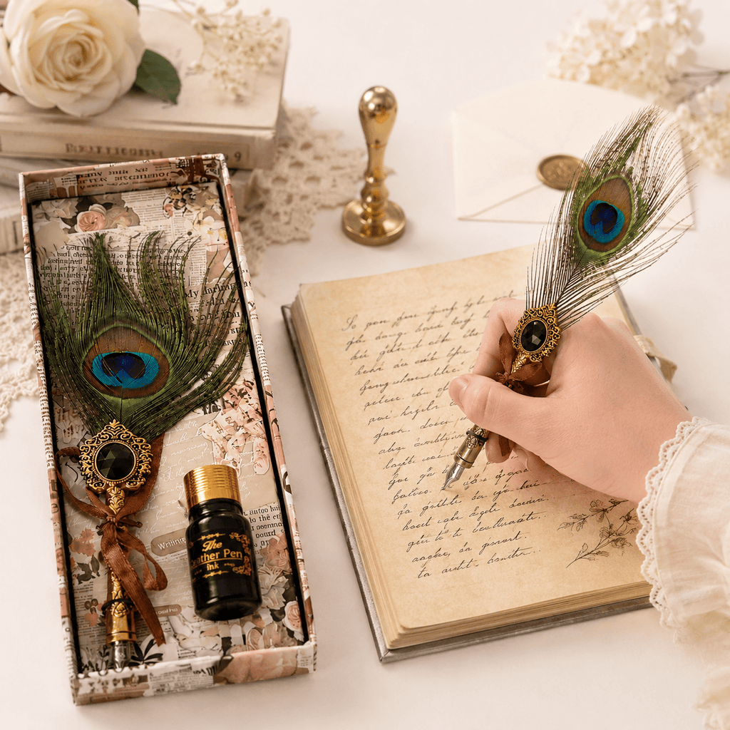 CraftMystic Set caligrafie Set Stilou cu Penita si Pana in Cutie Cadou - Eleganta Vintage si Inspiratie Creativa