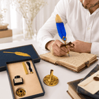 CraftMystic Set caligrafie Set Stilou cu Penita si Pana Albastru-Auriu - Cadou Elegant pentru Scris Creativ