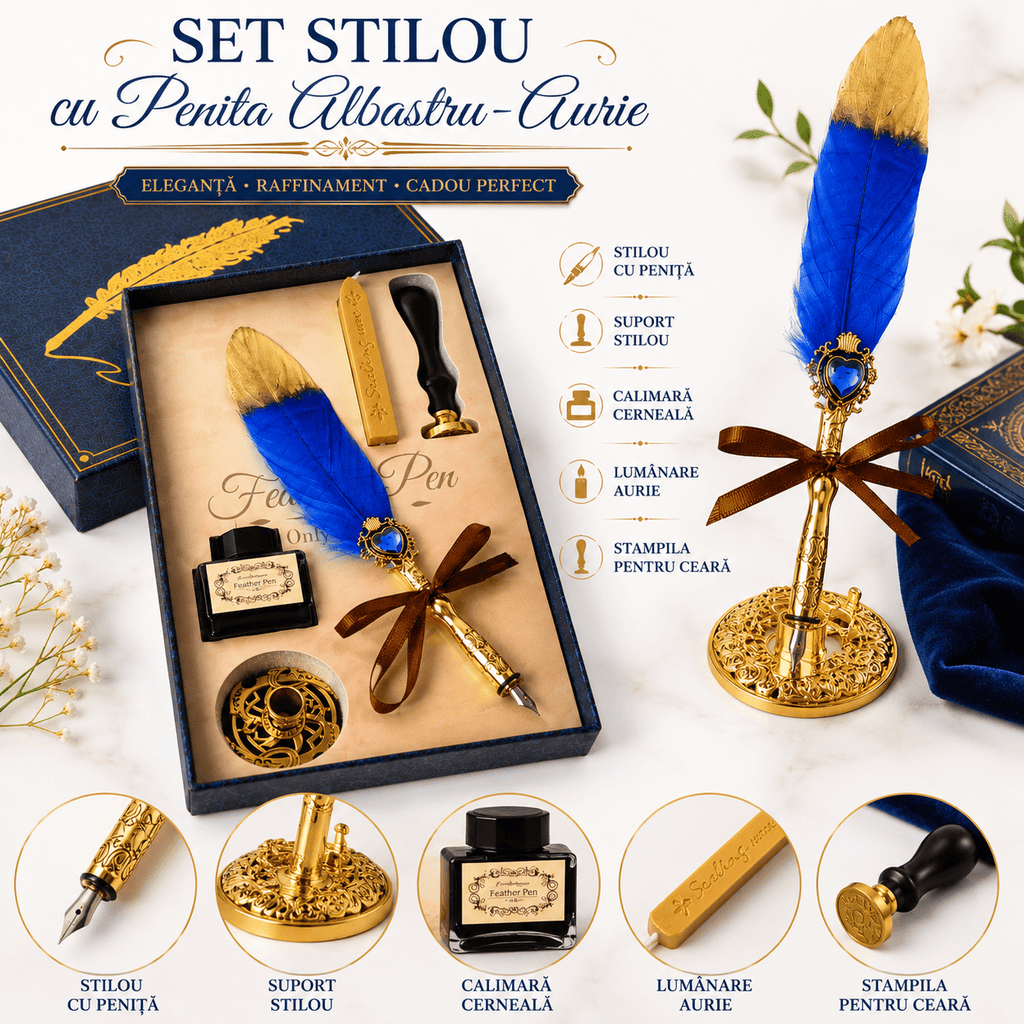 CraftMystic Set caligrafie Set Stilou cu Penita si Pana Albastru-Auriu - Cadou Elegant pentru Scris Creativ