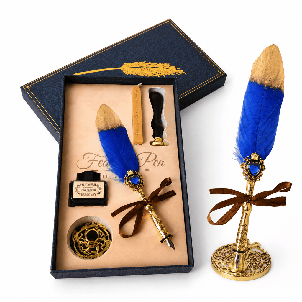 CraftMystic Set caligrafie Set Stilou cu Penita si Pana Albastru-Auriu - Cadou Elegant pentru Scris Creativ