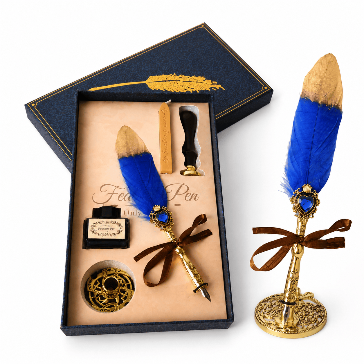 CraftMystic Set caligrafie Set Stilou cu Penita si Pana Albastru-Auriu - Cadou Elegant pentru Scris Creativ
