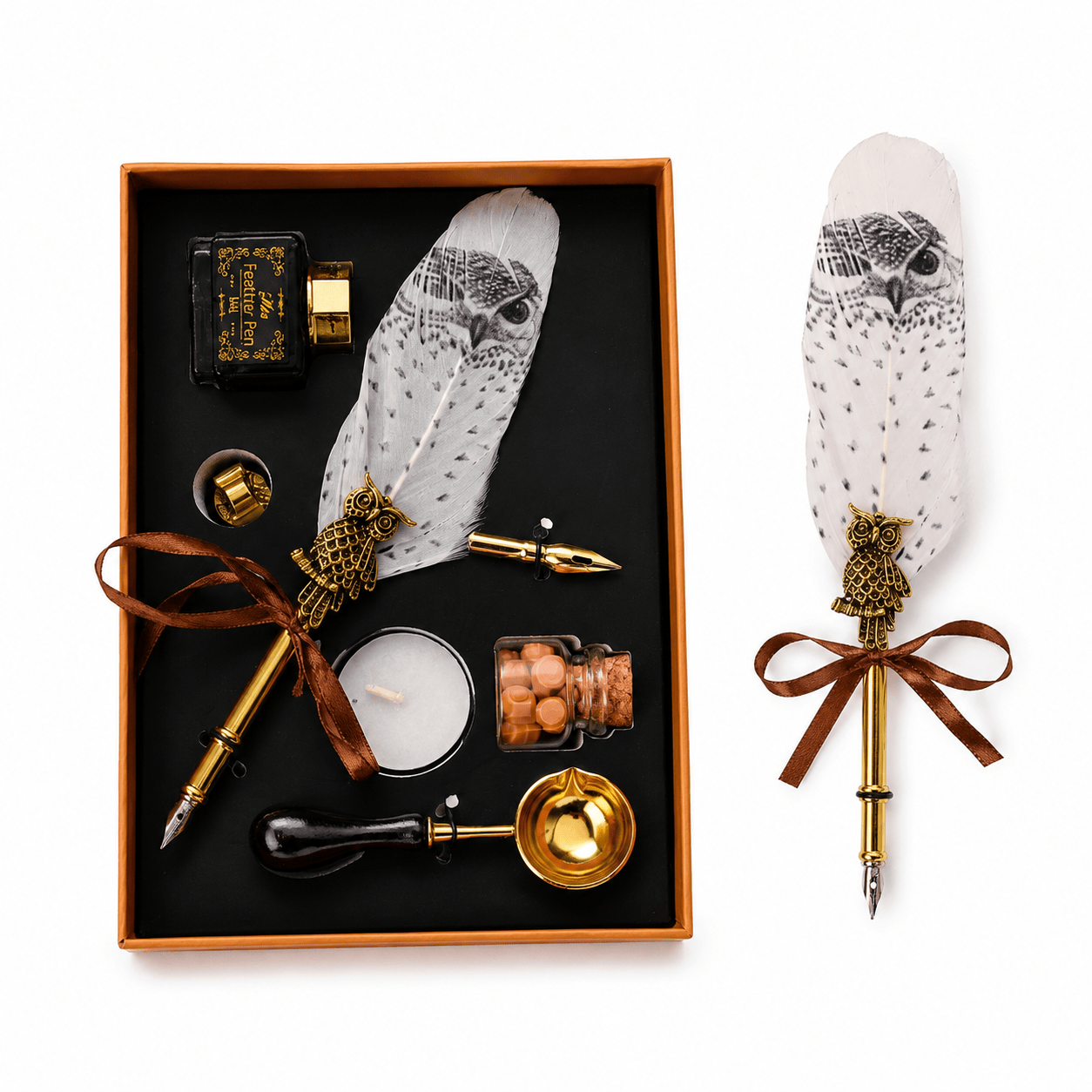 CraftMystic Set caligrafie Set Stilou Pana Alba cu Bufnita Vintage - Eleganta si Inspiratie pentru Scris Artistic