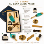 CraftMystic Set caligrafie Set Stilou cu Penita si Pana Verde-Auriu, Ceara si Stampila - Cadou Elegant pentru Pasionatii de Scris