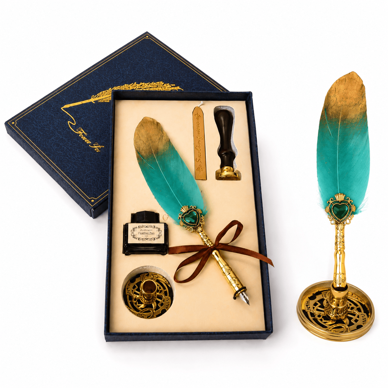 CraftMystic Set caligrafie Set Stilou cu Penita si Pana Verde-Auriu, Ceara si Stampila - Cadou Elegant pentru Pasionatii de Scris