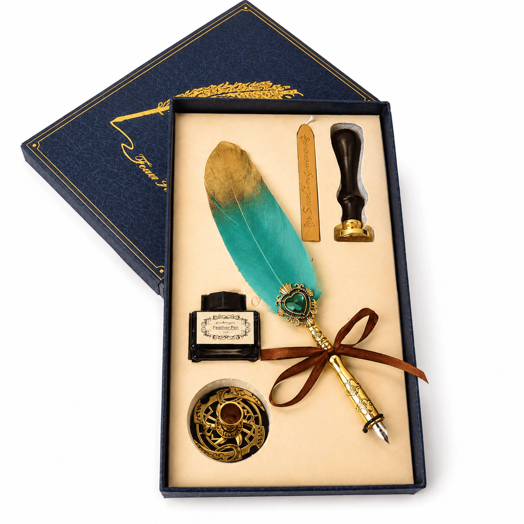 CraftMystic Set caligrafie Set Stilou cu Penita si Pana Verde-Auriu, Ceara si Stampila - Cadou Elegant pentru Pasionatii de Scris