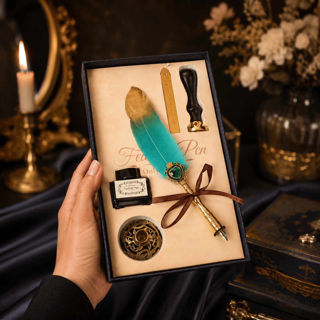 CraftMystic Set caligrafie Set Stilou cu Penita si Pana Verde-Auriu, Ceara si Stampila - Cadou Elegant pentru Pasionatii de Scris