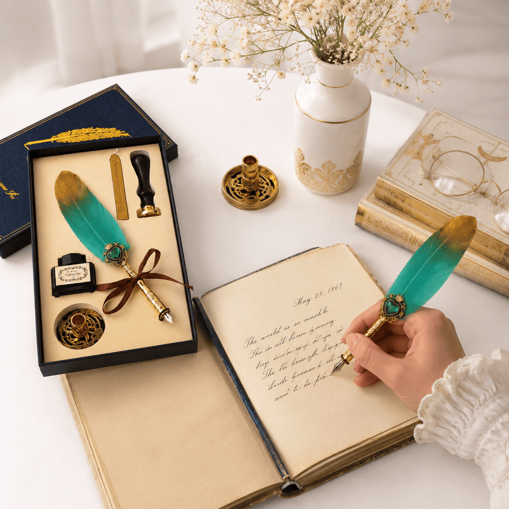 CraftMystic Set caligrafie Set Stilou cu Penita si Pana Verde-Auriu, Ceara si Stampila - Cadou Elegant pentru Pasionatii de Scris