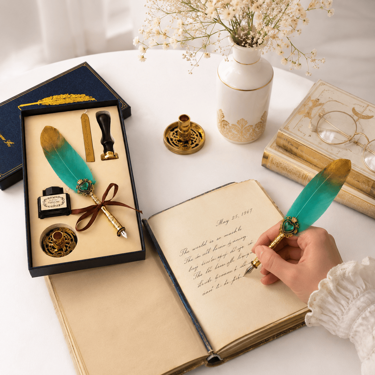 CraftMystic Set caligrafie Set Stilou cu Penita si Pana Verde-Auriu, Ceara si Stampila - Cadou Elegant pentru Pasionatii de Scris