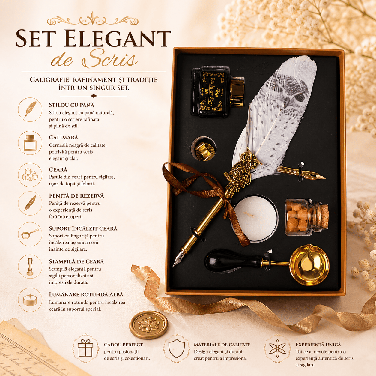 CraftMystic Set caligrafie Set Stilou Pana Alba cu Bufnita Vintage - Eleganta si Inspiratie pentru Scris Artistic