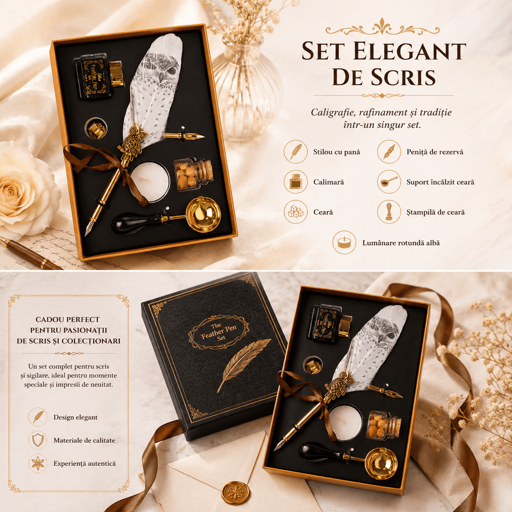 CraftMystic Set caligrafie Set Stilou Pana Alba cu Bufnita Vintage - Eleganta si Inspiratie pentru Scris Artistic