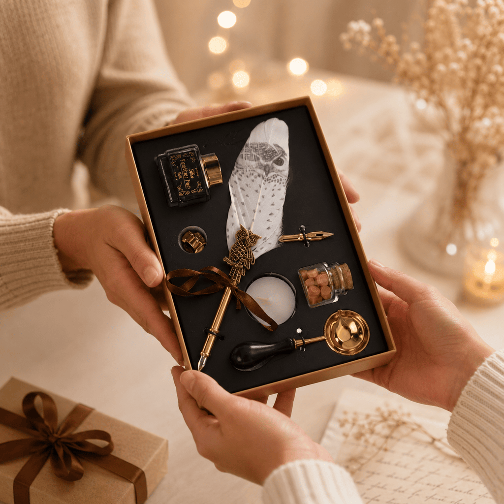 CraftMystic Set caligrafie Set Stilou Pana Alba cu Bufnita Vintage - Eleganta si Inspiratie pentru Scris Artistic