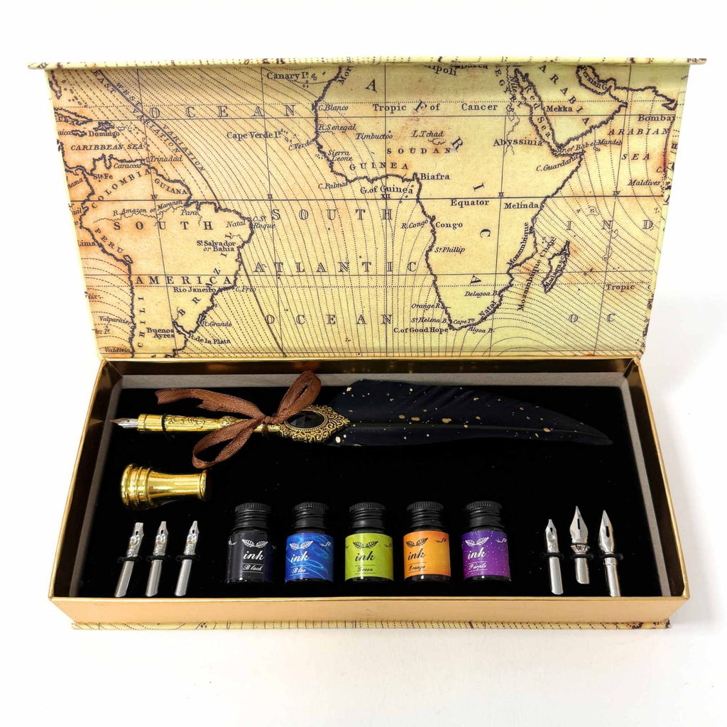 JurnaleVintage Set caligrafie Set pana cu penite interschimbabile si 5 cerneluri colorate - Scris caligrafic vintage