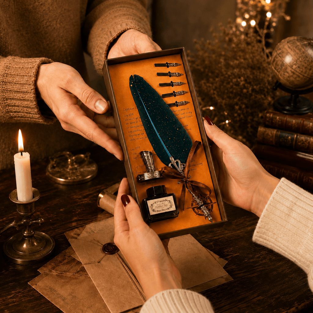 JurnaleVintage Set caligrafie Set Stilou cu Pana Albastra si Calimara - Eleganta Clasica pentru Scris Creativ